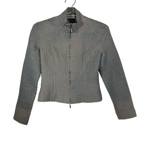 Silk Cropped Quilted Grid Banana Republic Zip Up Jacket Grey Blue Moto Size 8